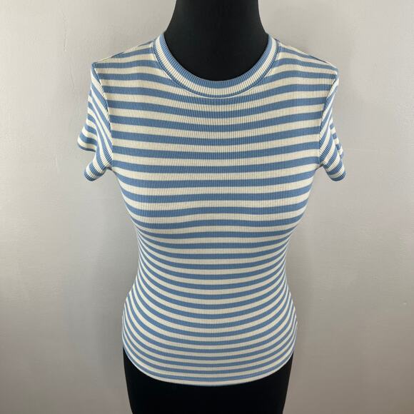 THEORY Blue and White Stripe Short Sleeve Ribbed Knit Top Sweater Slim-Fit P XS - Picture 2 of 7